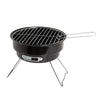 Black portable grill with a handle on a white background.