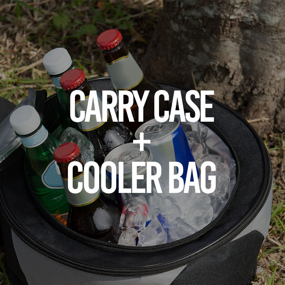 Cooler bag with bottles and ice, labeled 'Carry Case + Cooler Bag'.