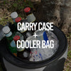 Cooler bag with bottles and ice, labeled 'Carry Case + Cooler Bag'.