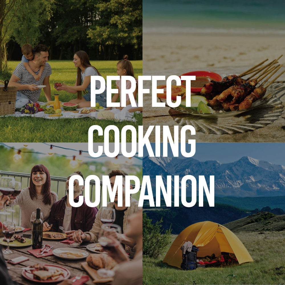Collage of people enjoying different outdoor activities with text 'Perfect Cooking Companion'.