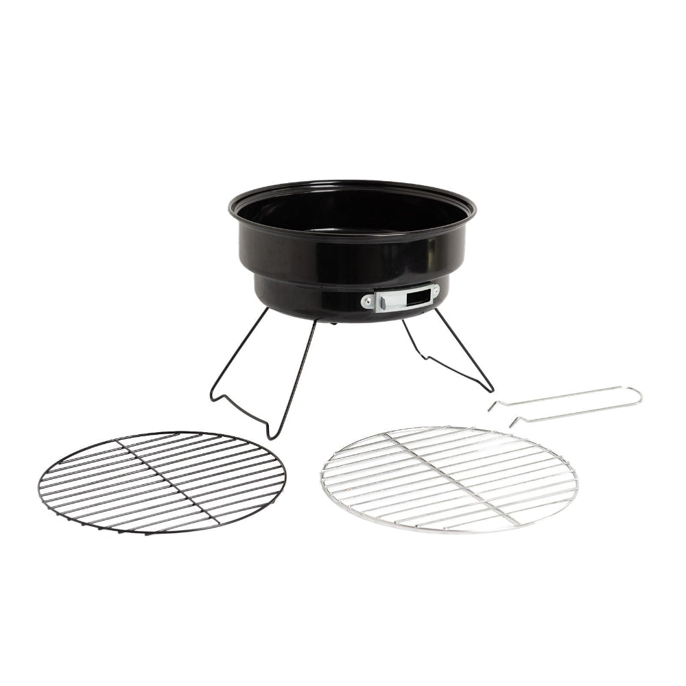 Portable grill with two metal grates on a white background.