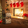Cozy Christmas scene with stockings hanging above a fireplace, surrounded by festive decorations and log rack with firewood stacked.