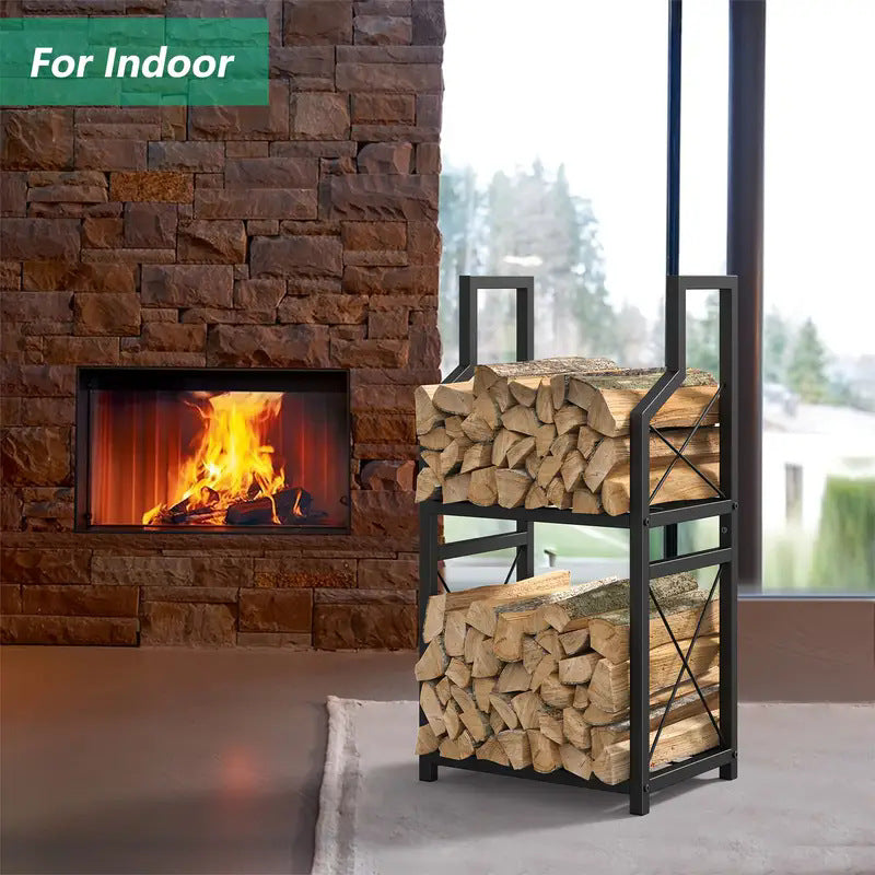 Fireplace with burning logs and a metal firewood rack against a stone wall.