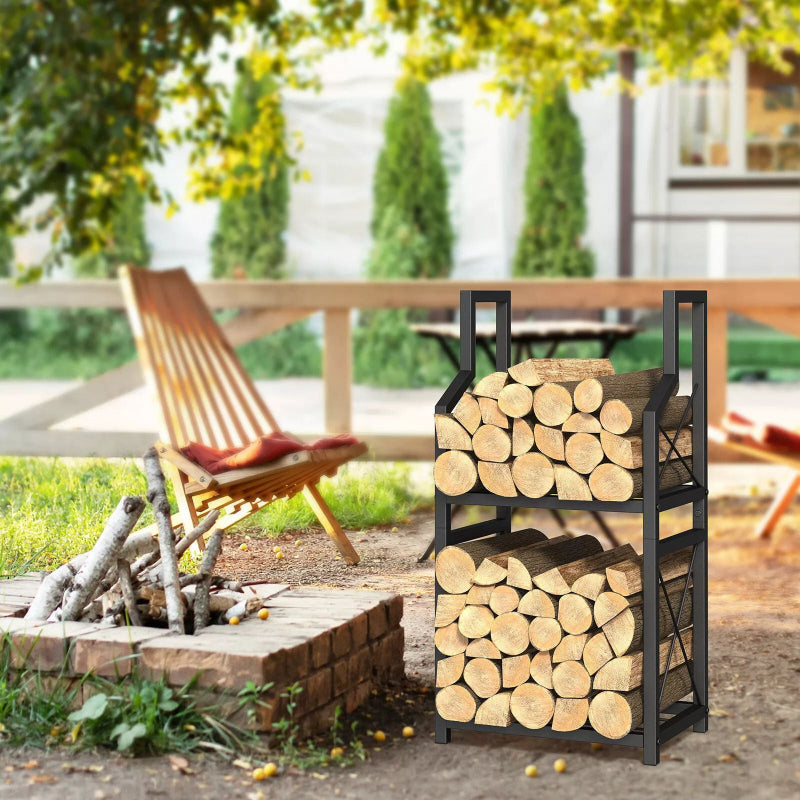Wooden firewood rack filled with logs on a patio with a chair and fire pit.