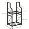 Black metal log rack holder with dimensions labeled on a white background