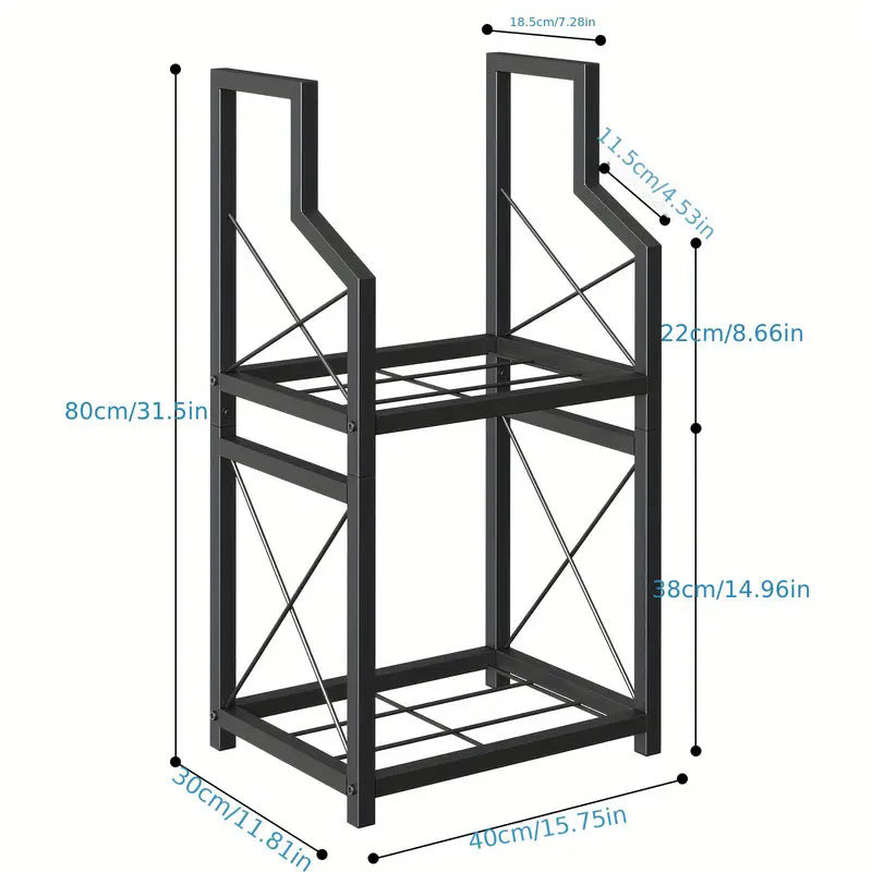 Black metal log rack holder with dimensions labeled on a white background