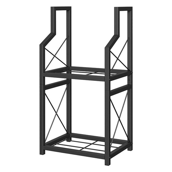 Black metal log rack holder with geometric design on a white background