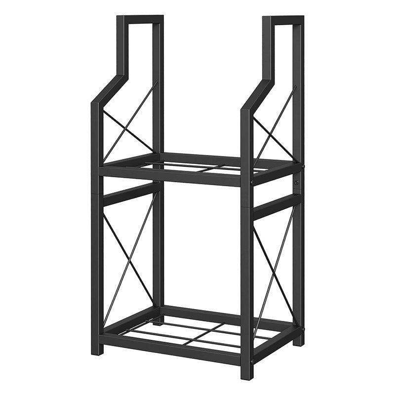 Black metal log rack holder with geometric design on a white background