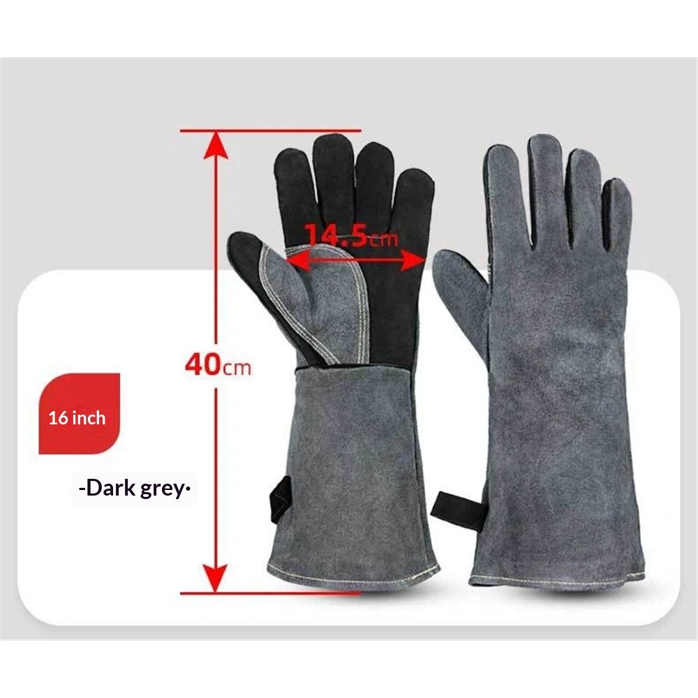 Dark grey gloves with measurements on a light gray background