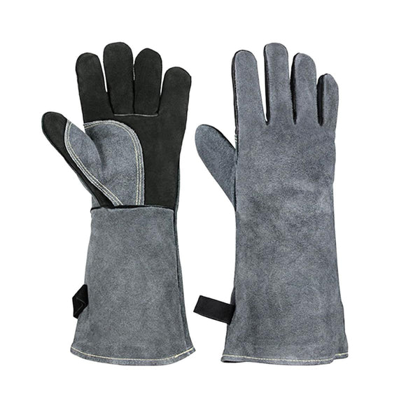 Pair of gray gloves with black accents on a white background