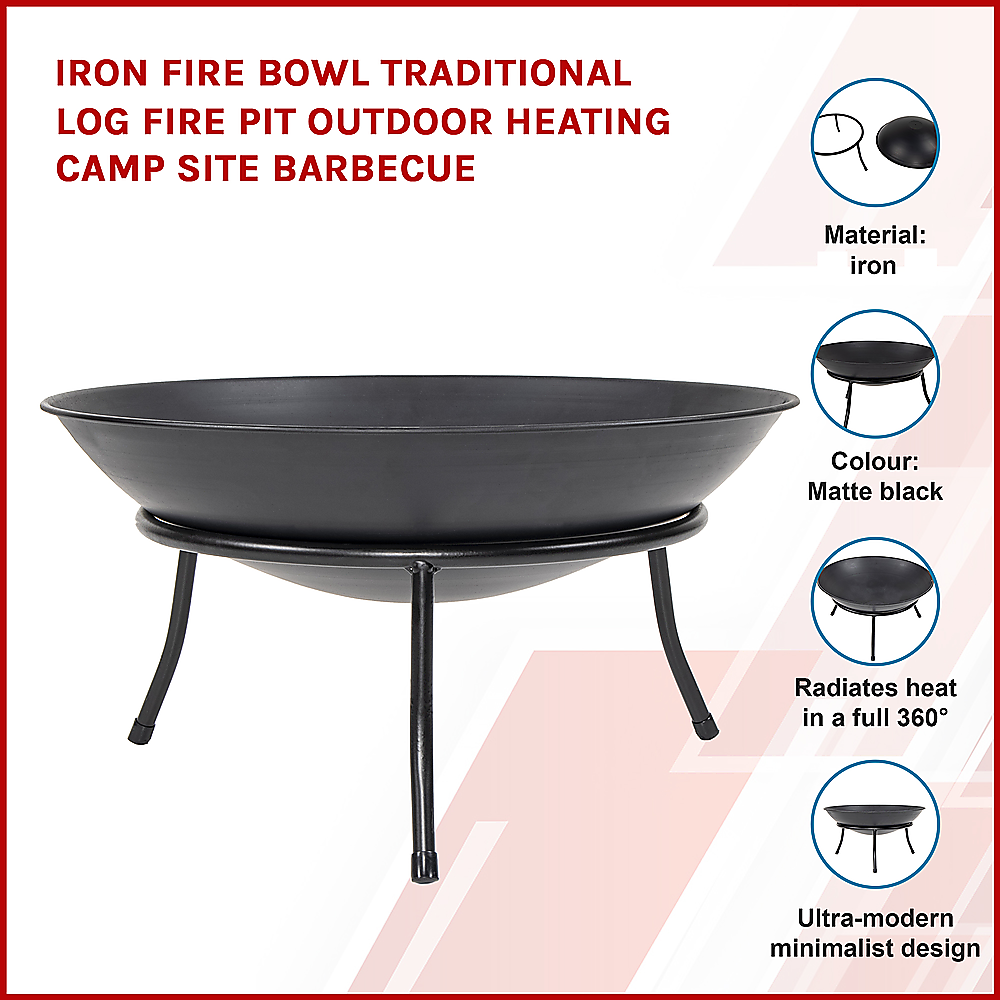 A matte black iron fire bowl with a traditional design, supported by three curved legs with 4 inserted and labelled images, set on a white background.