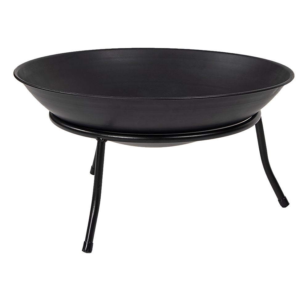 A matte black iron fire bowl with a traditional design, supported by three curved legs and set on a white background.