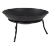 A matte black iron fire bowl with a traditional design, supported by three curved legs and set on a white background.