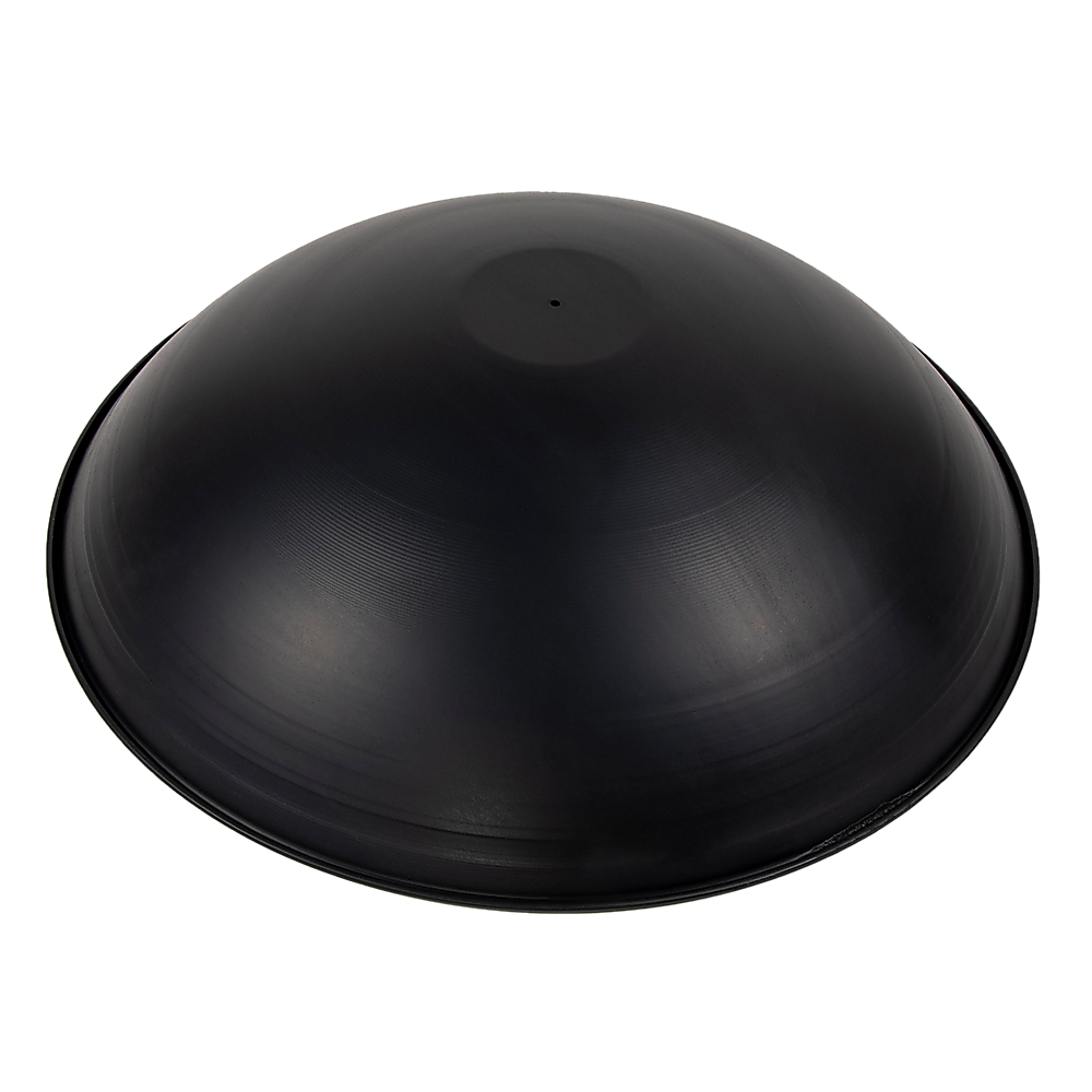 The underneath of a matte black iron fire bowl with a traditional design, set on a white background.