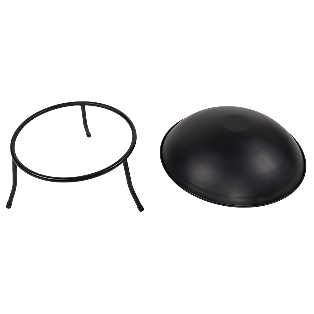 The underneath of a black iron fire bowl next to its base with three curved legs, set on a white background.