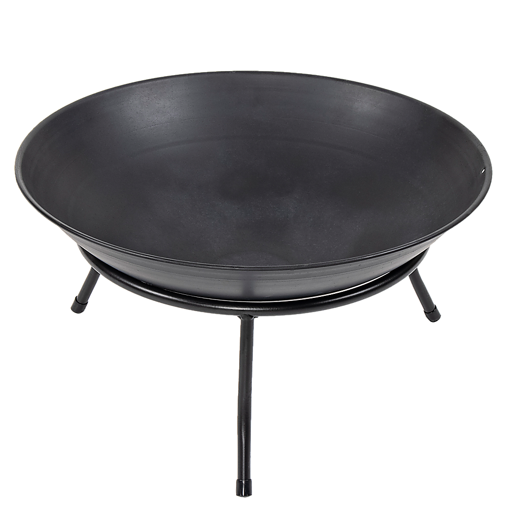 A traditional designed matte black iron fire bowl supported by a base with three curved legs and set on a white background.