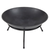 A traditional designed matte black iron fire bowl supported by a base with three curved legs and set on a white background.