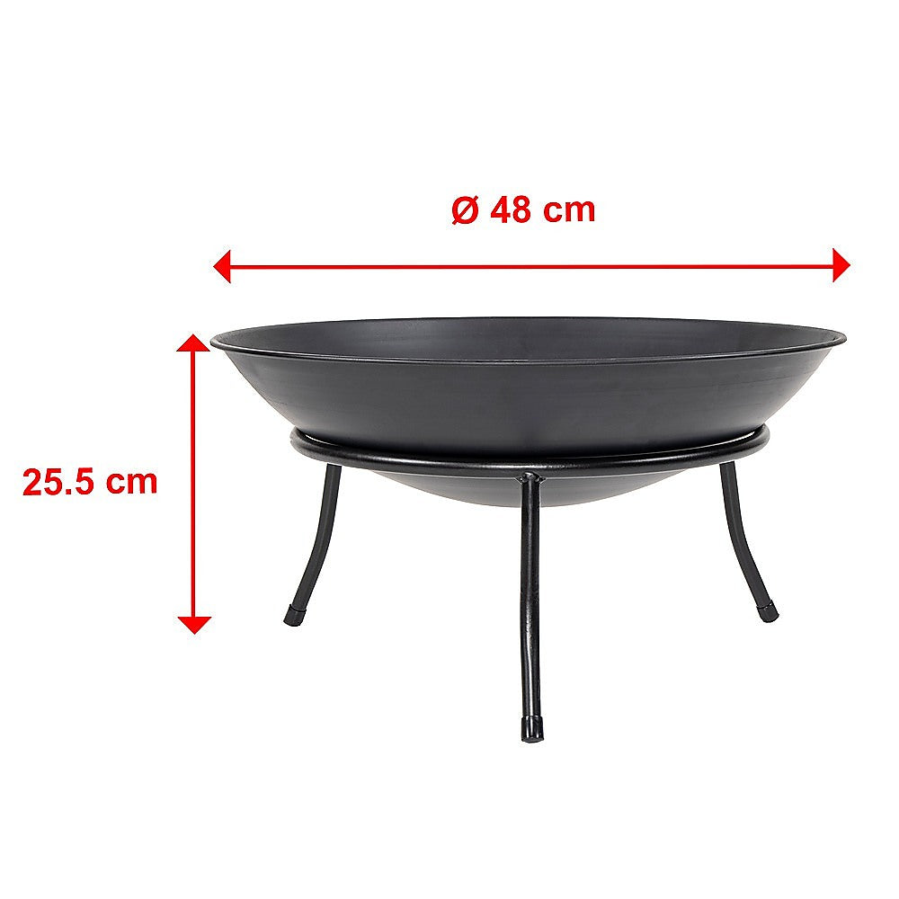 A traditional designed black iron fire pit bowl and base with three legs showing its dimensions and set on a white background.