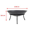 A traditional designed black iron fire pit bowl and base with three legs showing its dimensions and set on a white background.