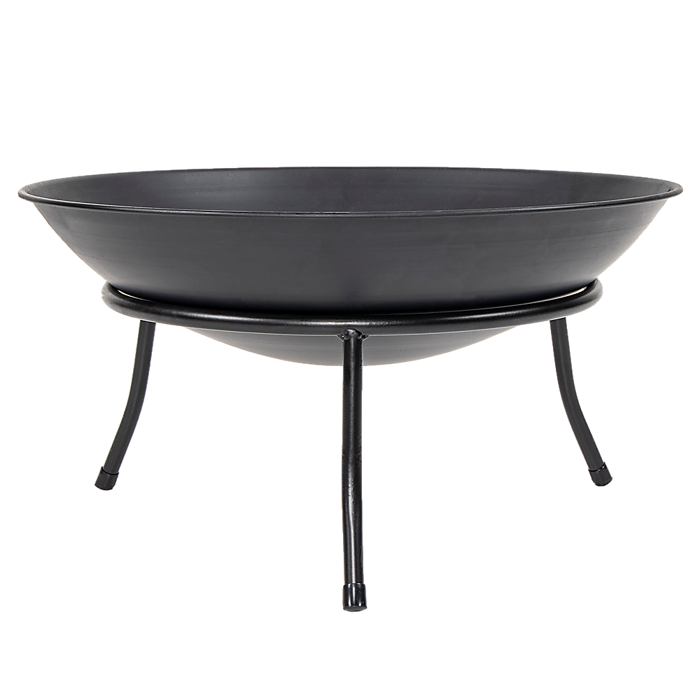 A matte black iron fire bowl with a minimalist design, supported by three curved legs and set on a white background.