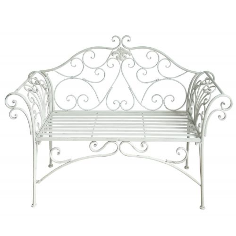 Katerina Iron Bench in Antique White colour with a white background.