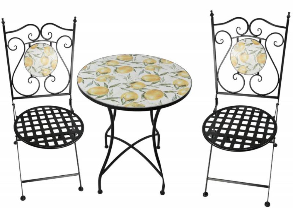 Bistro set with round table and two chairs featuring a lemon pattern on a white background