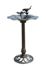 Decorative lotus bird bath with bird and flower on a large leaf shaped bowl in bronze colour with a white background