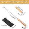 Adjustable barbecue fork with measurements and a carrying case on a white background