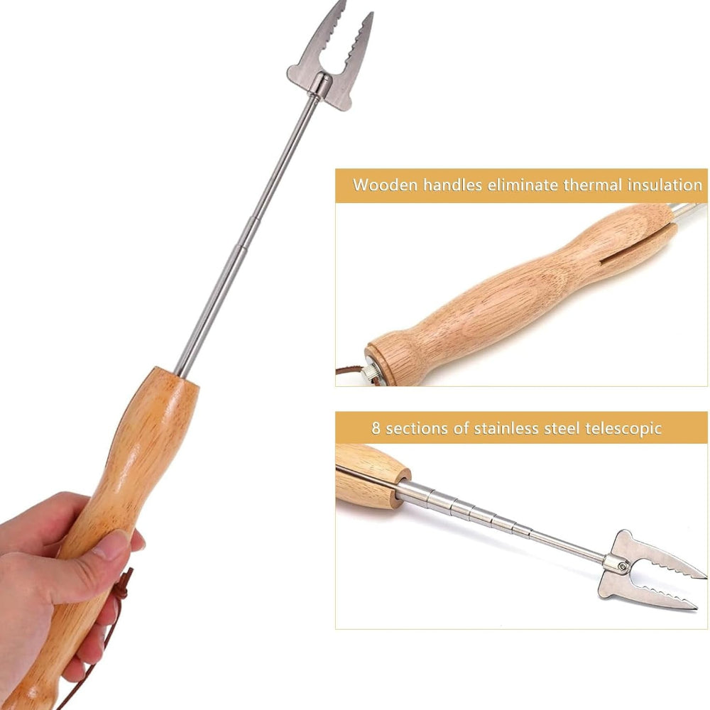 Telescopic grill fork with wooden handles on a white background