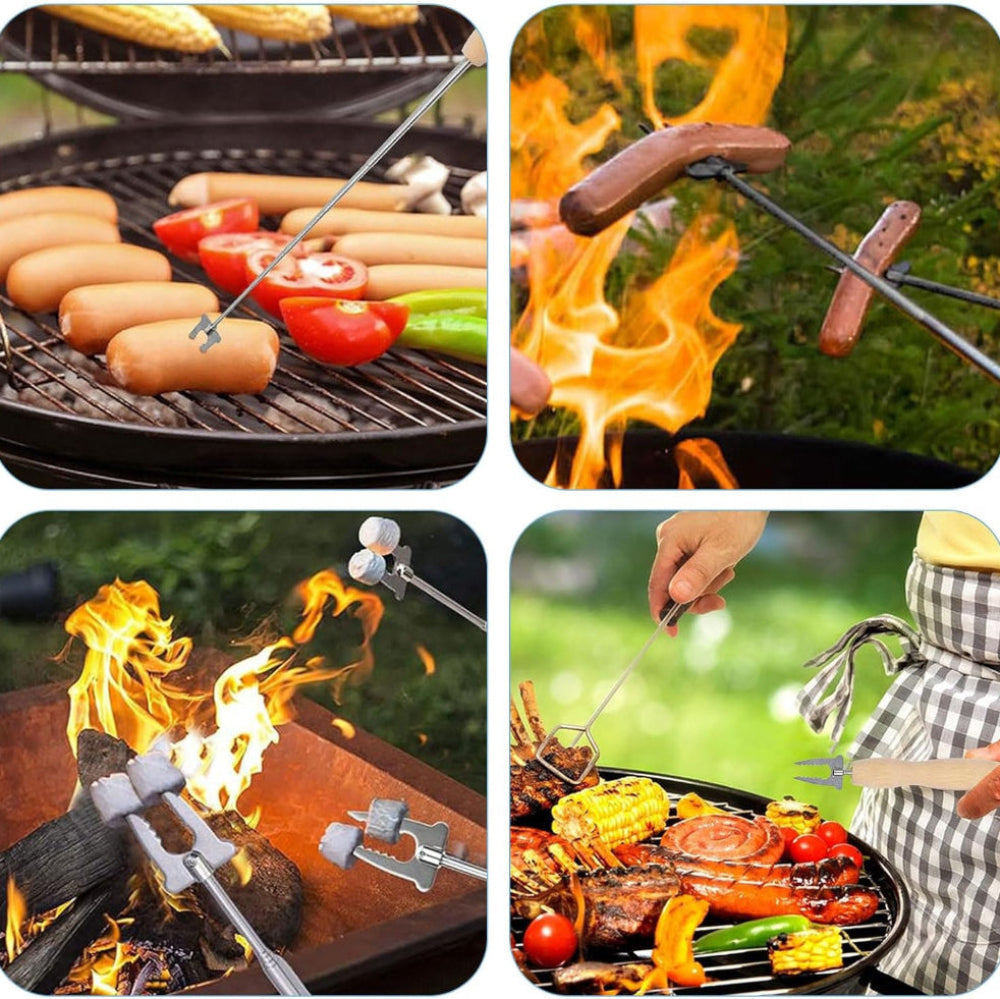 Collage of grilling scenes with hot dogs, vegetables, and meats over flames.