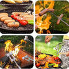Collage of grilling scenes with hot dogs, vegetables, and meats over flames.