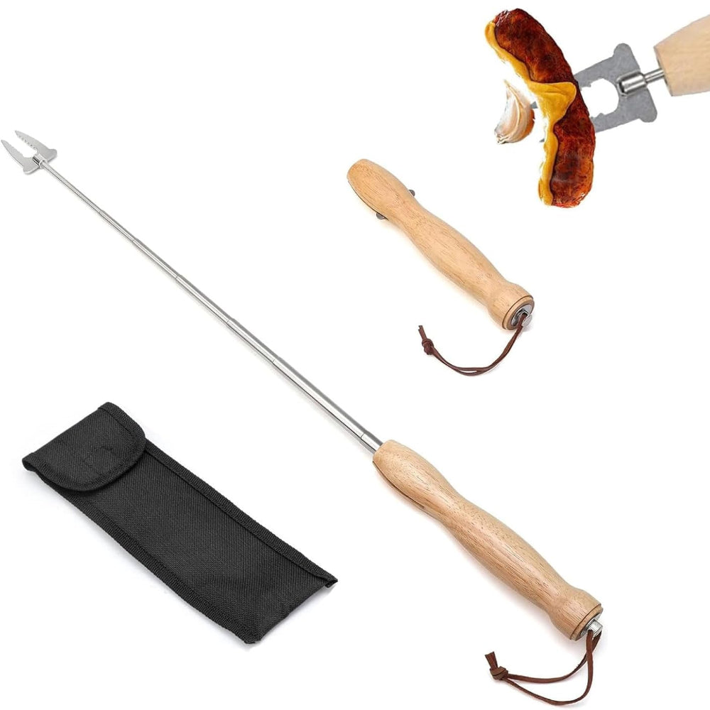 Barbecue skewer with wooden handle and metal prongs, folded in a black pouch on a white background.