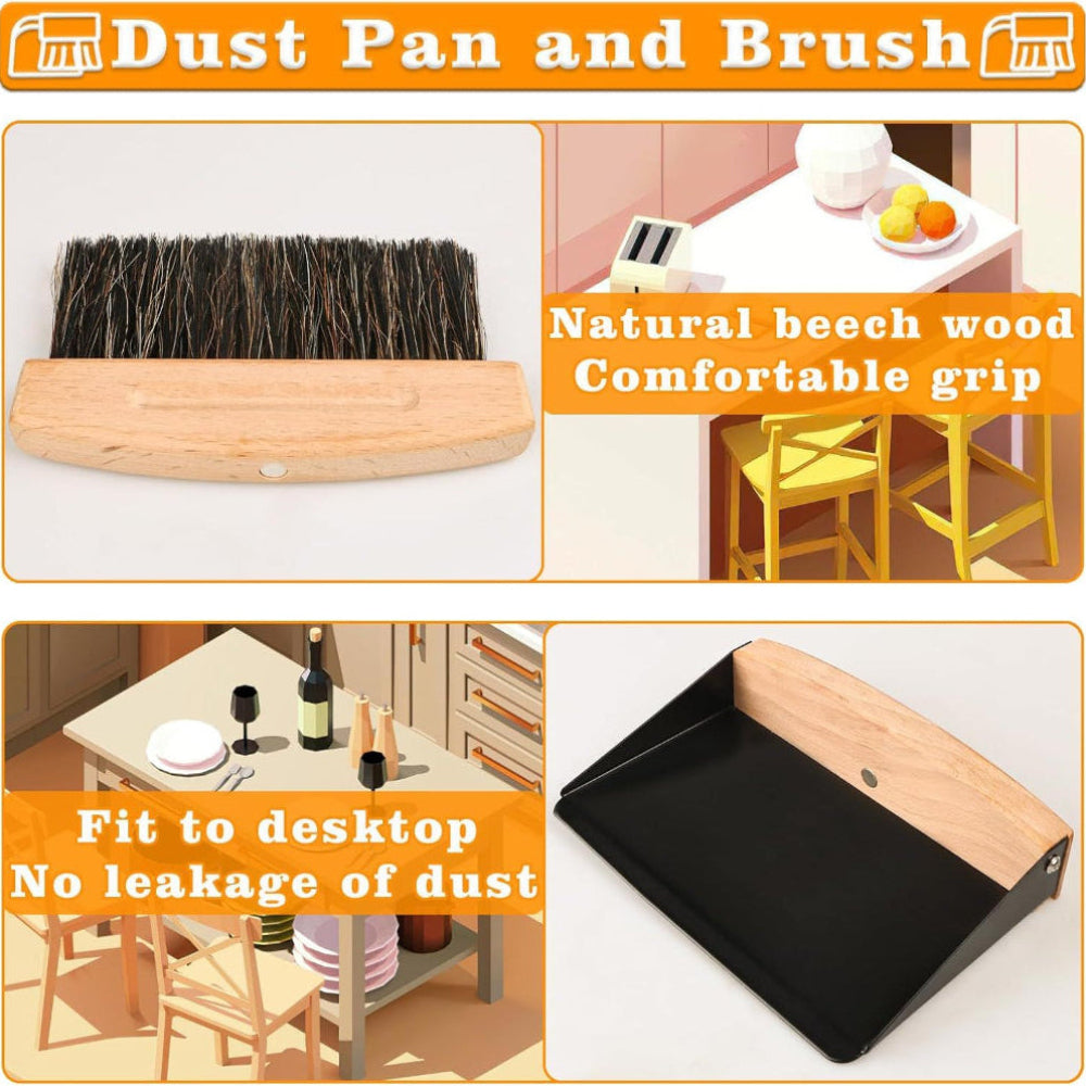 Dust pan and brush set with natural beech wood handle and black bristles, shown in use.