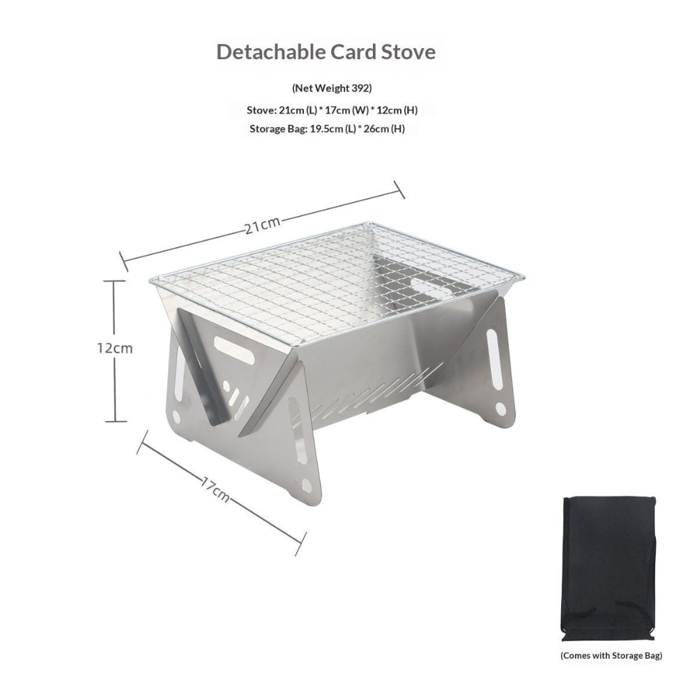 Detachable camp stove with dimensions and storage bag on a white background
