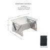 Detachable camp stove with dimensions and storage bag on a white background