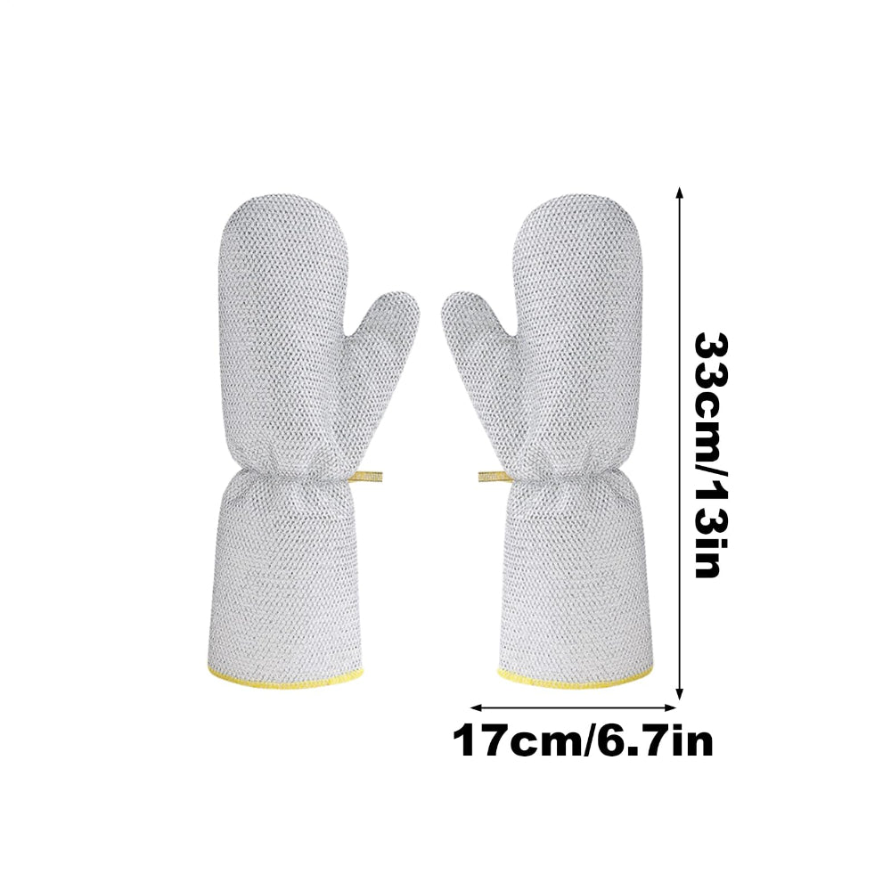 Pair of gray oven mitts with measurement details on a white background