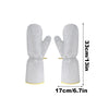 Pair of gray oven mitts with measurement details on a white background