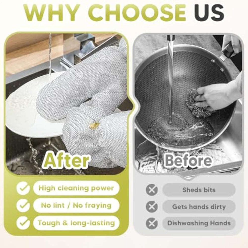 Gloves with cleaning benefits shown before and after use in a kitchen setting.