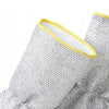 Close-up of a gray mitten with yellow trim on a white background