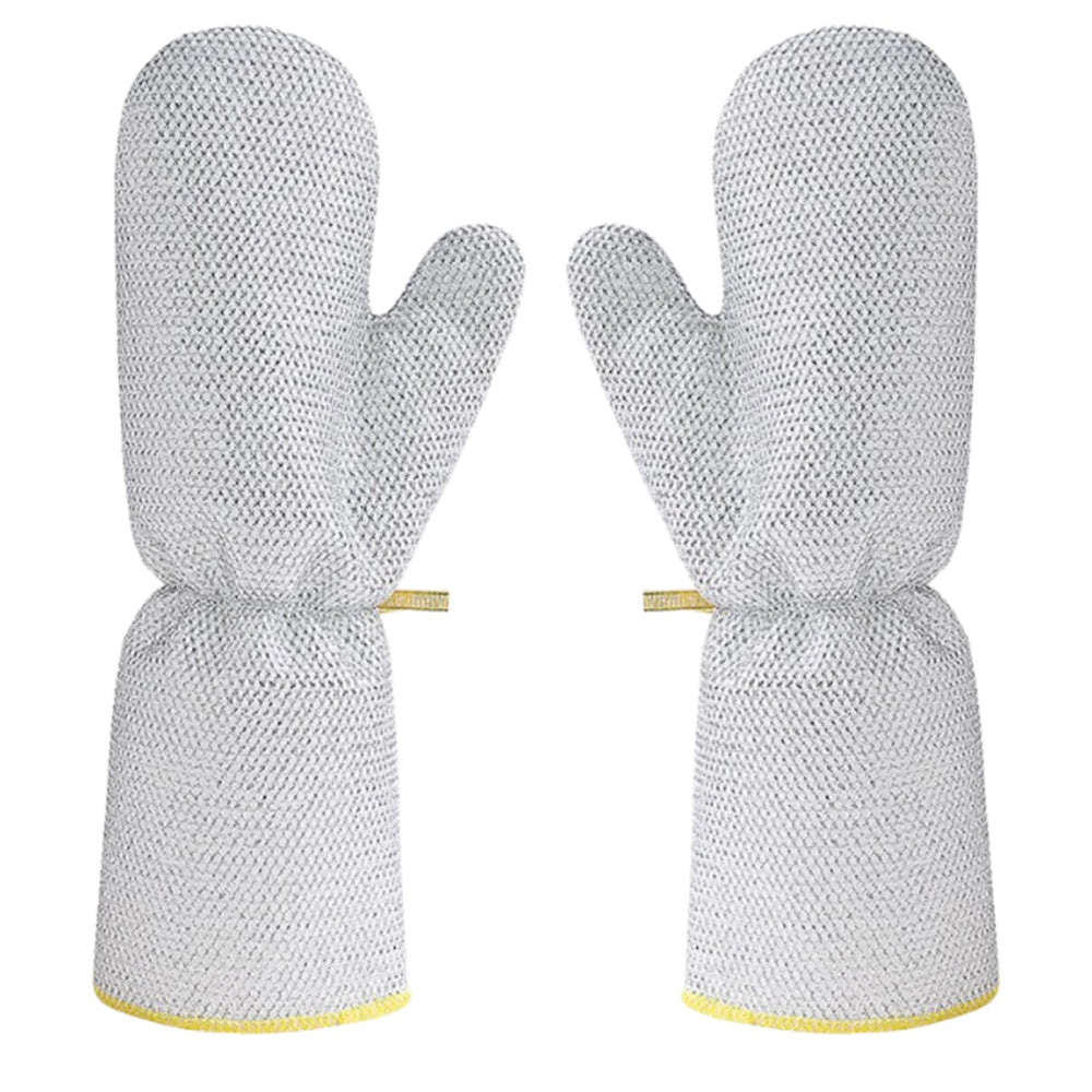 Pair of white mesh gloves with yellow cuffs on a white background