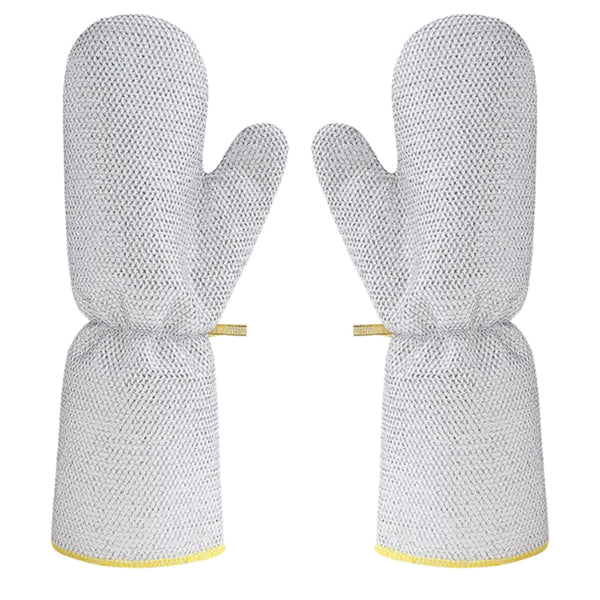 Pair of white mesh gloves with yellow cuffs on a white background