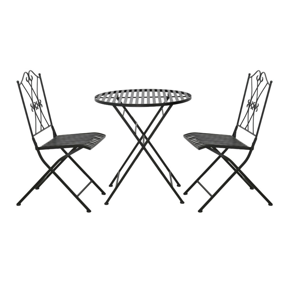 Black metal outdoor table and chairs set on a white background