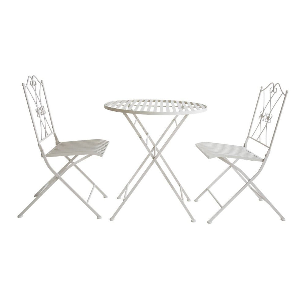 White metal outdoor table and chairs on a white background