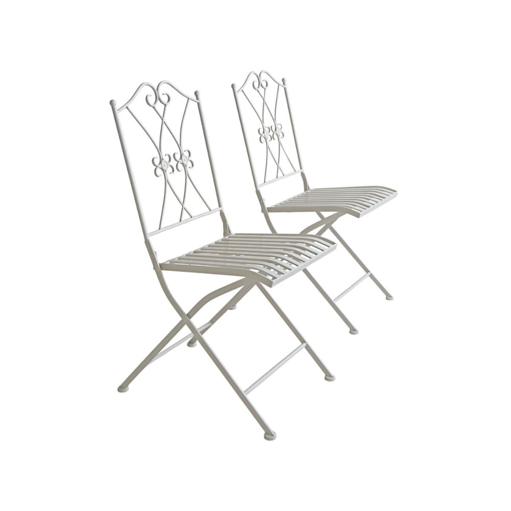 Two white metal chairs with decorative backrests on a white background