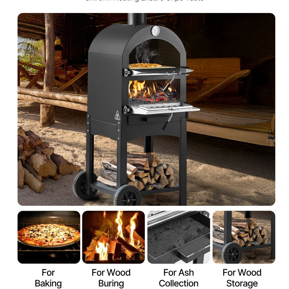 Outdoor pizza oven with images of pizza baking, wood burning, ash collection, and wood storage.
