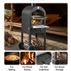 Outdoor pizza oven with images of pizza baking, wood burning, ash collection, and wood storage.