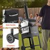 Portable wood-fired pizza oven with casters and side handle, shown outdoors with people in the background.