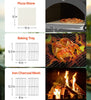 Collage of pizza stone, baking tray, and iron charcoal mesh with measurements and images of their uses.