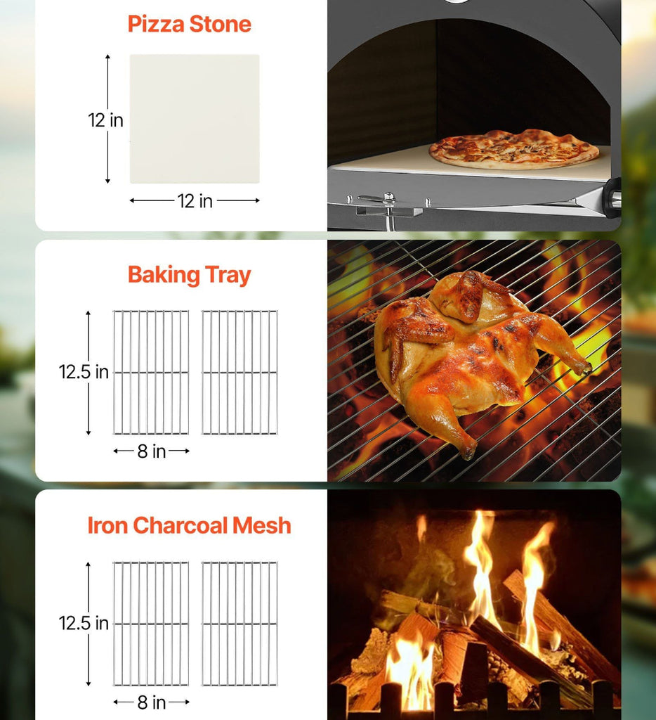 Collage of pizza stone, baking tray, and iron charcoal mesh with measurements and images of their uses.