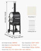 Outdoor pizza oven with dimensions, accessories, and specifications on a white background